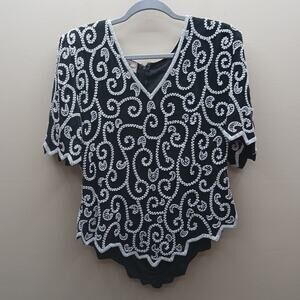 VTG Laurence Kazar Silk Hand Sewn Faux Pearls V Neck Short Sleeve Top Black 2XL